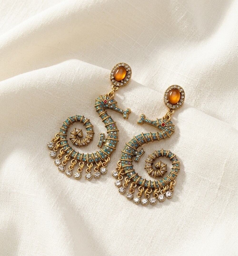 Museum Seahorse Earrings Antique Court Medieval VTG CZ Revival Palace Gold Art